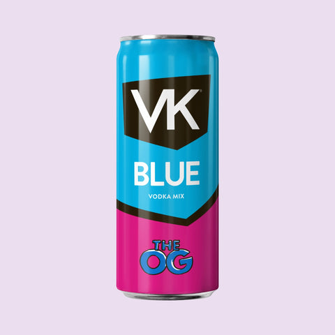 VK Blue vodka mix can on a light purple background
