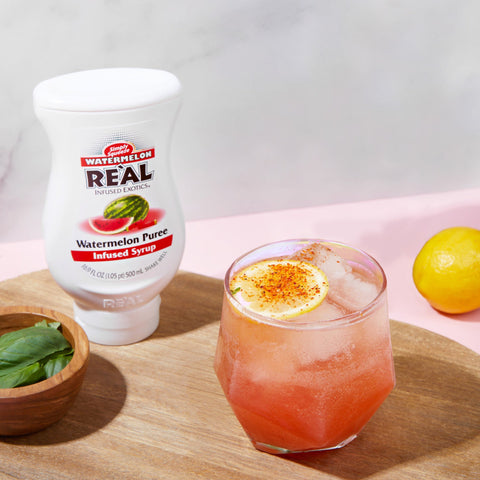 A watermelon cocktail made using Reál watermelon syrup, Reál syrups are perfect for cooking & baking, making cocktails or mocktails and dirty sodas. 