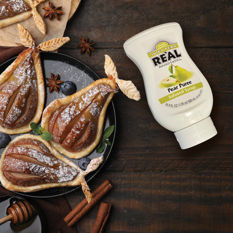 Pear baked goods made using Real pear puree syrup, Real syrup is a vegan and gluten-free syrup perfect for cooking& making or making drinks, such as cocktails. 