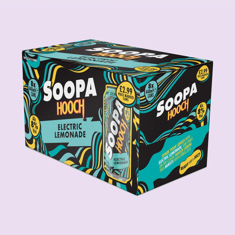 An 8 pack of Soopa Hooch electric lemonade with a colourful design on a light purple background. 