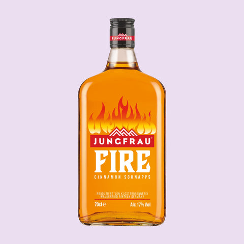 A 70cl bottle of Jungfrau Fire Cinnamon Schnapps with a fiery label design, perfect for shots and fireballs. 