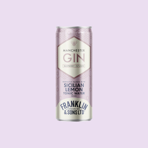 A can of Franklin & Sons Sicilian Lemon Tonic with Manchester Gin Raspberry Infused, a premixed, ready to drink spirit and mixer. 