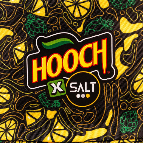 The logo on the Hooch lemon bucket hat. 