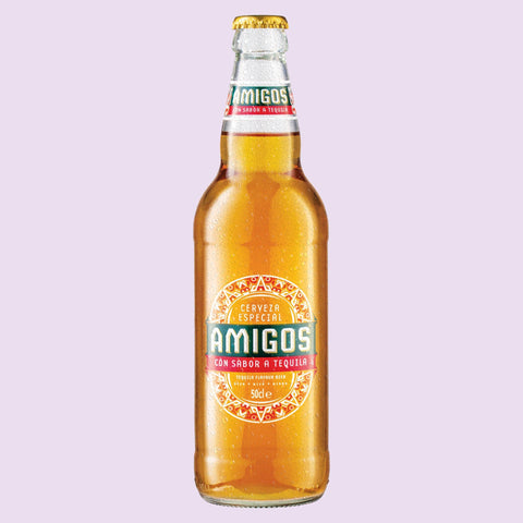 An Amigos, tequila flavoured beer on a light purple background. 