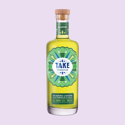 A bottle of Take Tequila Jalapeño Liqueur with a green label on a light purple background. 