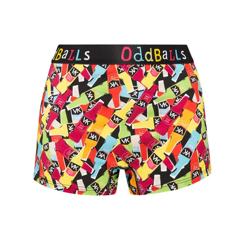 Colourful shorts with VK bottle pattern and 'OddBalls' branding on a white background