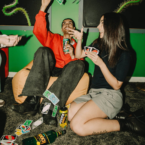 Soopa Hooch electric lemonade 90s retro raver and misbehaver with UNO cards