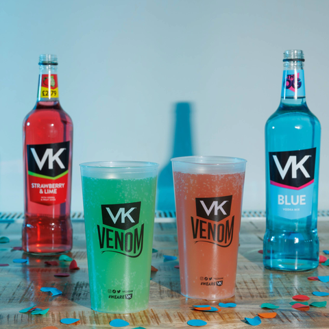 VK Venom pack, VK branded cups with VK drinks to make a green and red alcopop for Venom and Anti-Venom.