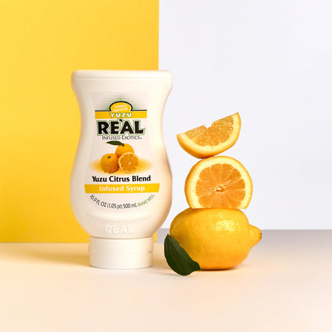 A bottle of Reál Yuzu Citrus Blend Infused Syrup. 