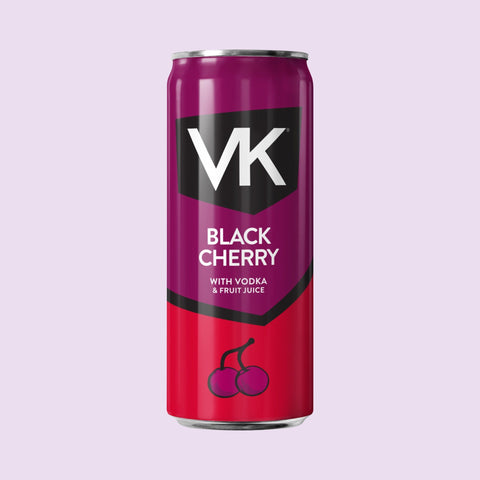 VK Black Cherry drink can on a light purple background