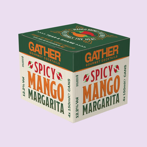A four pack of GATHER Gourmet Cocktails, Spicy Mango Margarita. A four pack of premium ready to drink canned tequila cocktails. 
