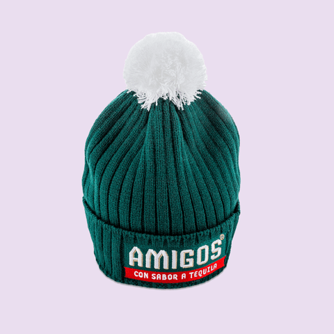 Amigos Tequila Flavoured Beer bobble hat merch, a green bobble hat with the Amigos logo on the back. 