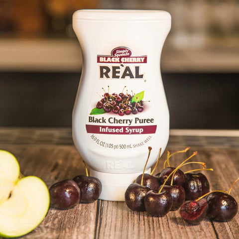 Real black Cherry Puree bottle, a gluten-free and vegan syrup. 