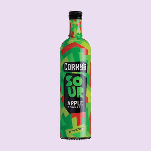 A bottle of Corky’s Sour Apple Schnapps, a perfect drink for easy shots, mixing or making cocktails.
