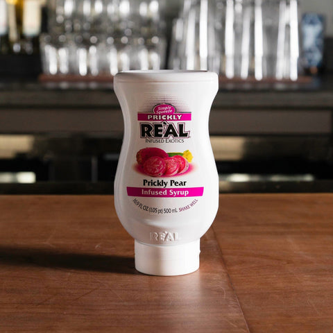 A bottle of Re'al Prickly Pear Puree Infused syrup. 