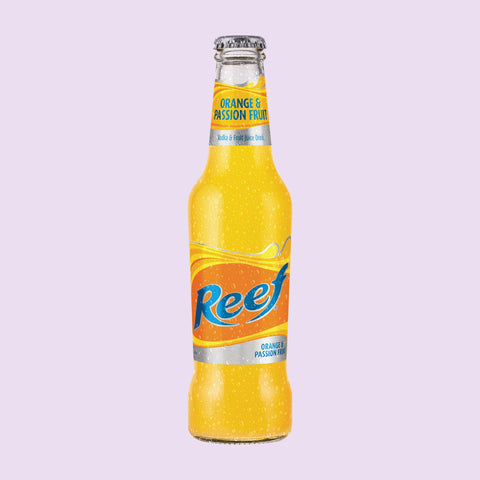 A bottle of Reef orange & passionfruit, a premixed vodka drink. 