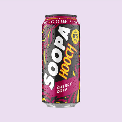 A can of Soopa Hooch Cherry Cola flavoured ready to drink with a design that includes red and black colours and text on a light purple background. 