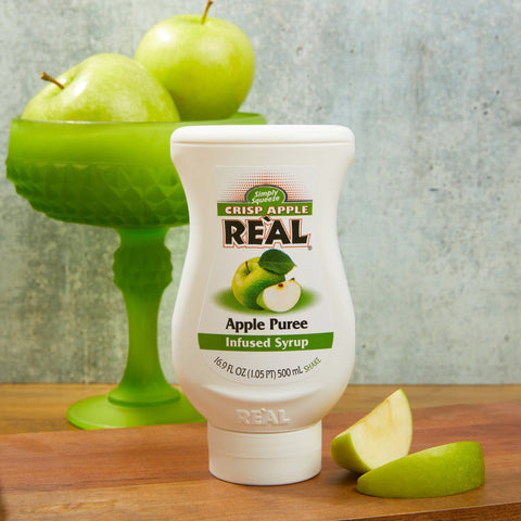 A bottle of Re'al Crisp Apple Puree Infused Syrup. 