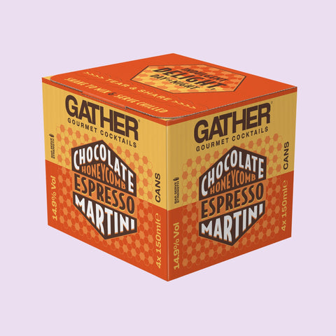 A four pack of GATHER Gourmet Cocktails Chocolate Honeycomb Espresso Martini. A 4 pack of premium ready to drink canned cocktails. 