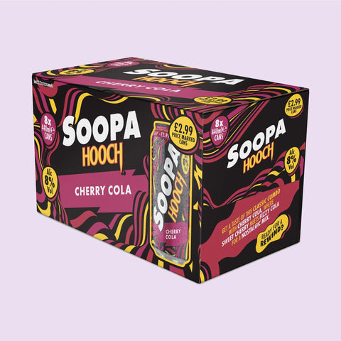 A multipack box of Soopa Hooch cherry cola on a light purple background. 
