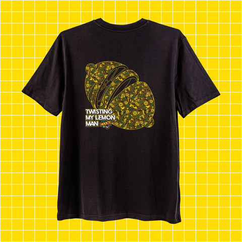 A black Hooch twisting my lemon man designed t-shirt. 