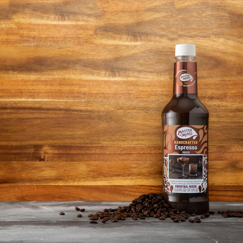 A bottle of master of mixes espresso mixer, a perfect bar ingredient for cocktails or mocktails. 
