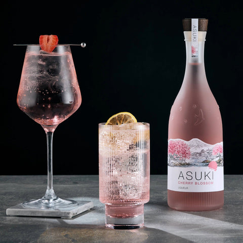 Two cherry blossom cocktails and a spritz made with Asuki Cherry Blossom Liqueur. 