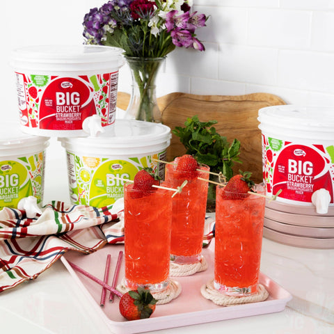 Master of Mixes big buckets of Strawberry and margarita with three drinks. 