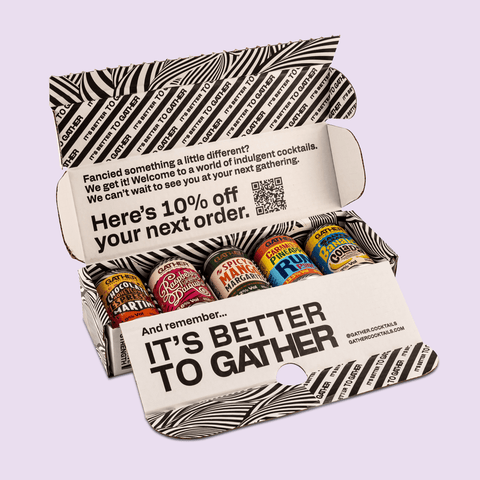 A mixed pack of bar-quality & bar-strength GATHER canned cocktails. 