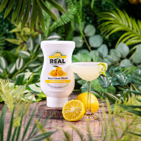 A bottle of Reál Yuzu Citrus Blend Infused Syrup. 