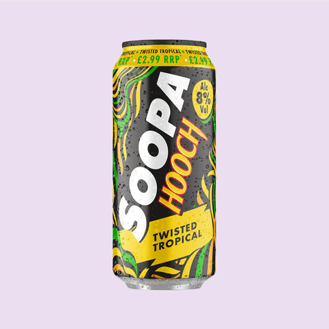 A can of Soopa Hooch Twisted Tropical, showing a colourful design with fruit graphics on a light purple background. 