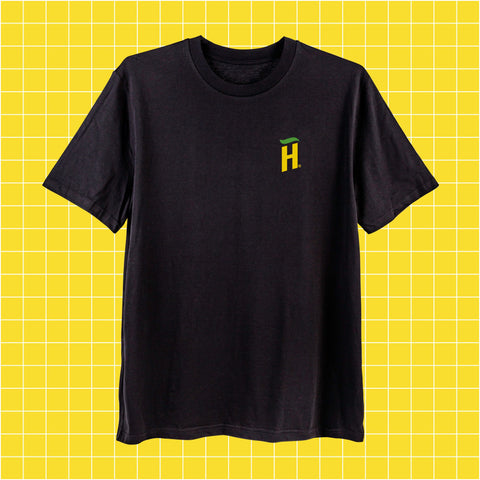 A black Hooch branded t-shirt. 