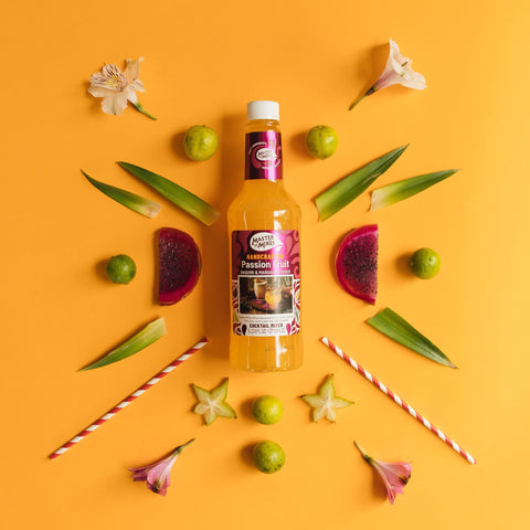 A bottle of Master of Mixers passion fruit mix, a perfect bar ingredient for cocktails or mocktails. 