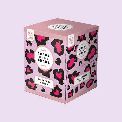 A four pack of Shake Baby Shake raspberry mojito, a premixed, ready to drink canned cocktail. 