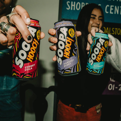 Three Soopa Hooch flavours, cherry cola, darkest berry and blue raspberry, with an 8% ABV, premixed and ready to drink. 