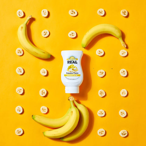 A bottle of Real banana puree syrup, a perfect syrup for baking, making cocktails or using in matcha. 