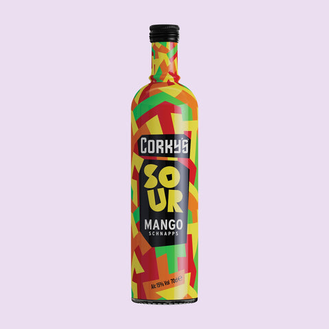 A bottle of Corky’s Sour Mango Schnapps, a perfect drink for easy shots or making cocktails. 