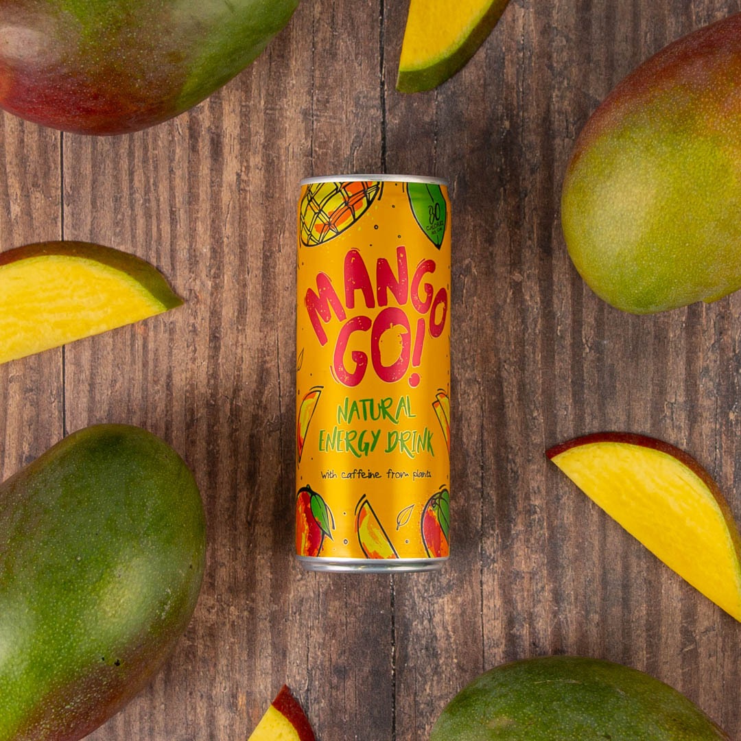Good Time In | Mango go! natural energy drink surrounded by mangoes