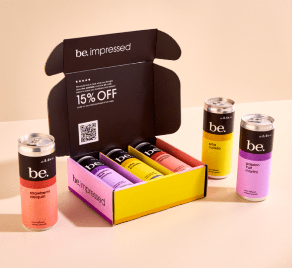 be cocktails taster pack featuring canned cocktails of Piña Colada, Passion Fruit Martini and Strawberry Daiquiri